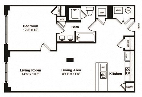 Floor plan for 1 bed, 1 bath, 801 sqft